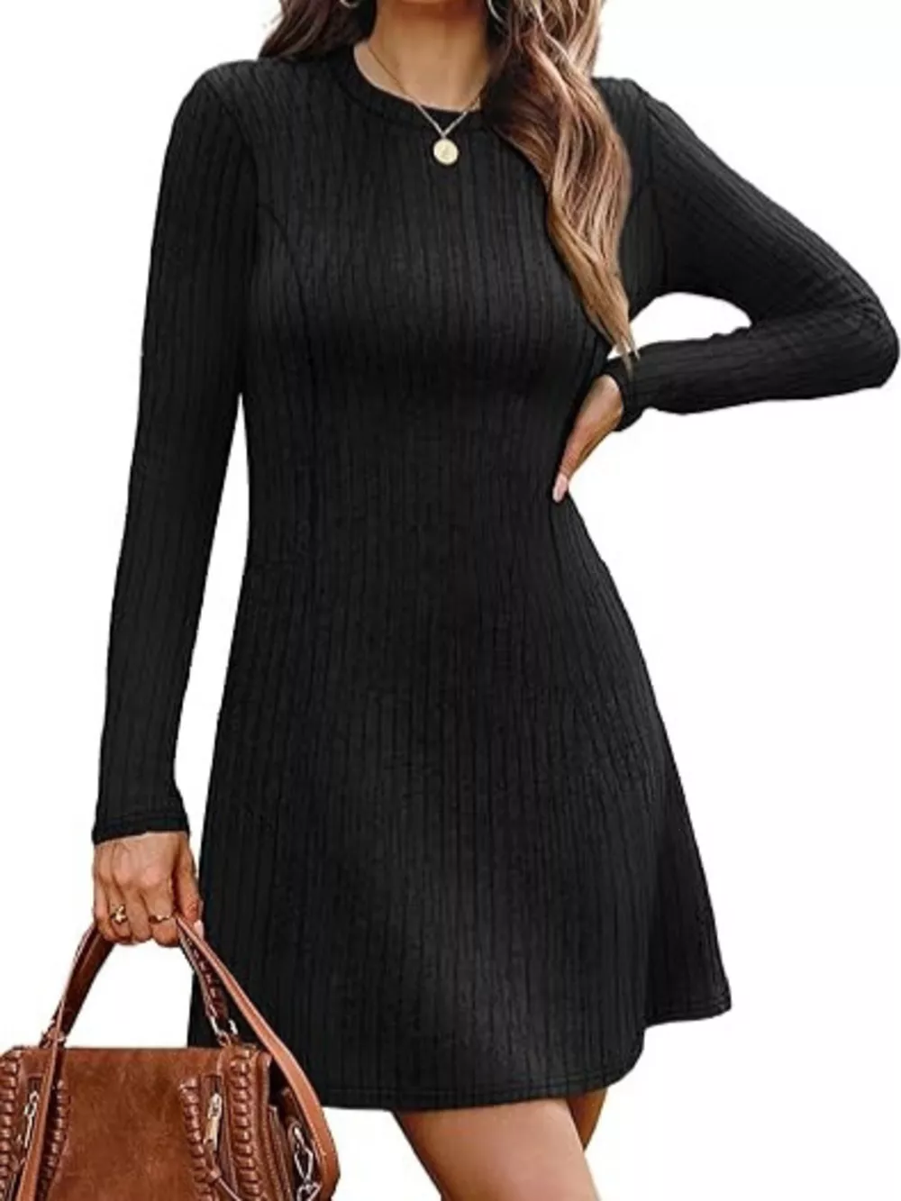 Ribbed Knit Long Sleeve A-Line Dress, image 9