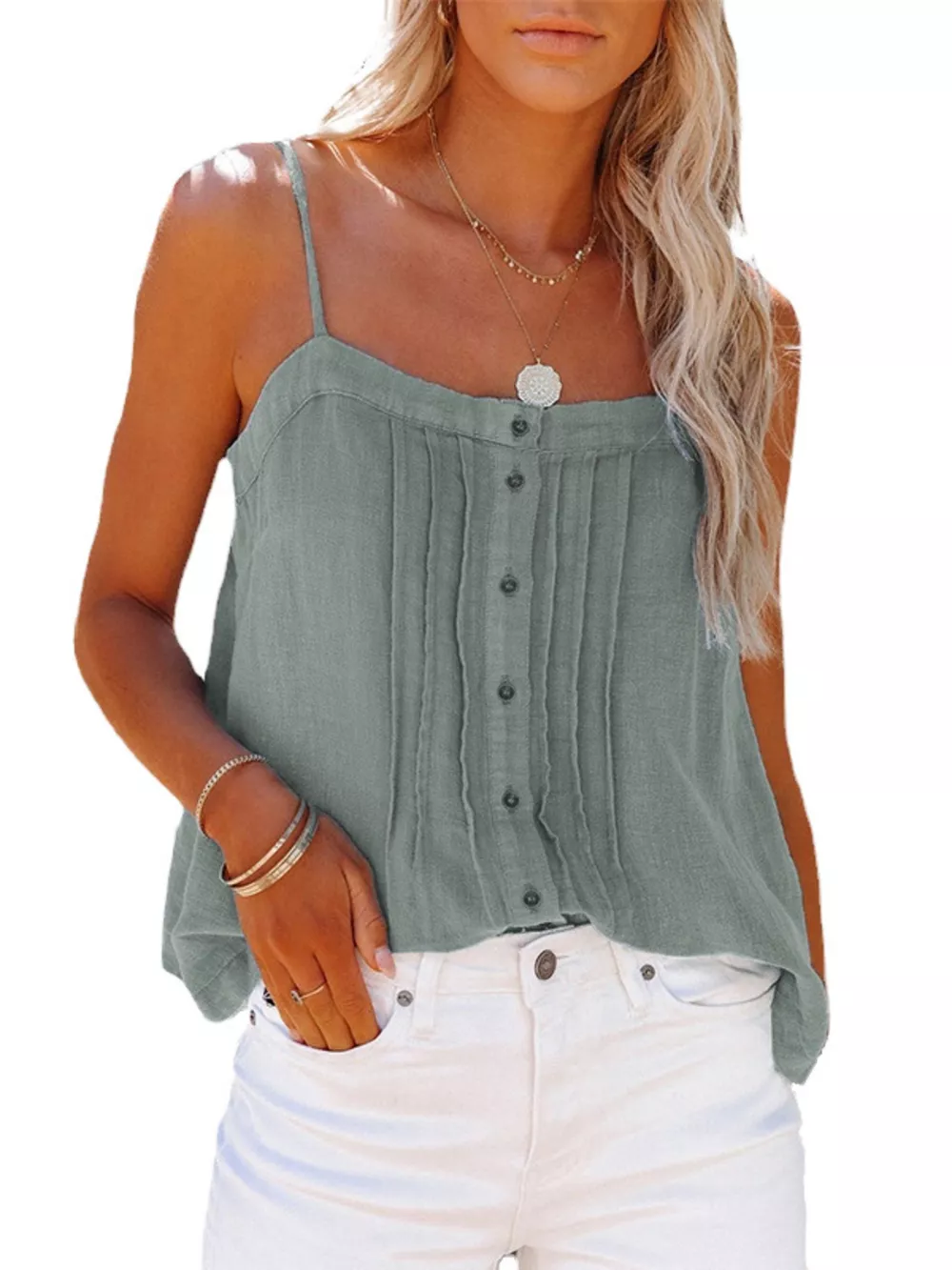 Pleated Button-Down Spaghetti Strap Cami, image 2