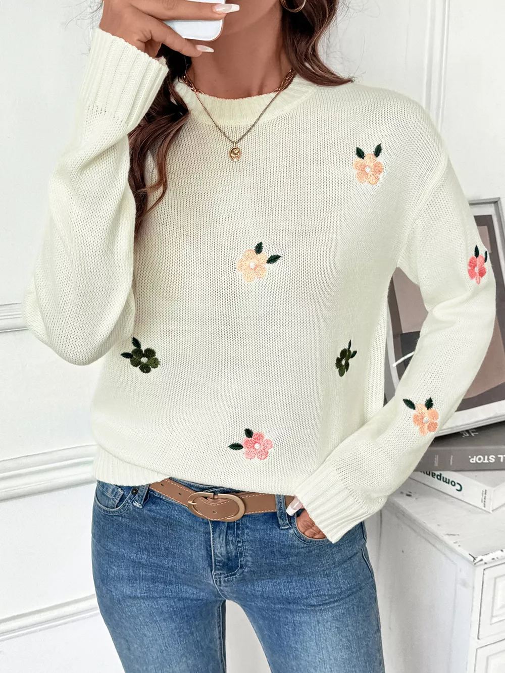 Flower Round Neck Long Sleeve Sweater, image 4