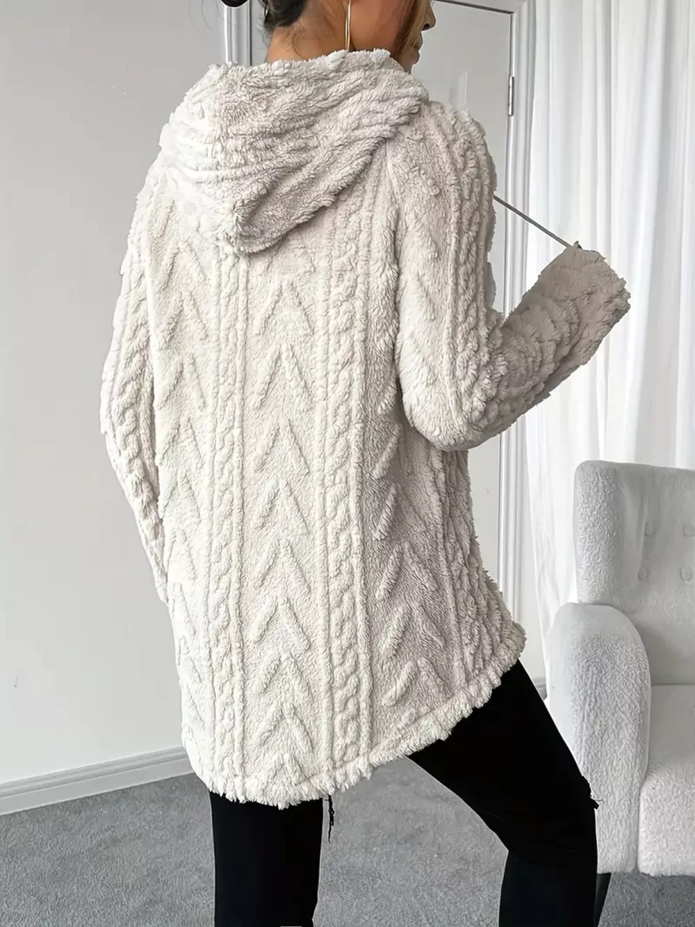 Cozy Textured Drawstring Fleece Hoodie, image 5