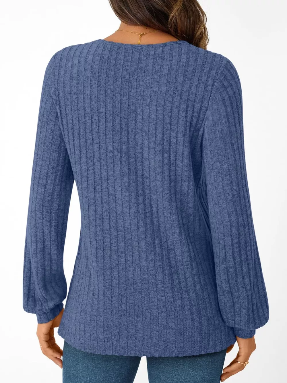 Ribbed Knit V-Neck Long Sleeve T-Shirt, image 25