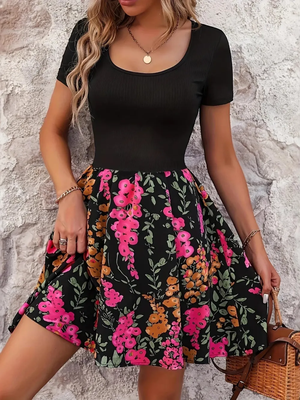 Floral Print Short Sleeve Mini Dress, image 2
