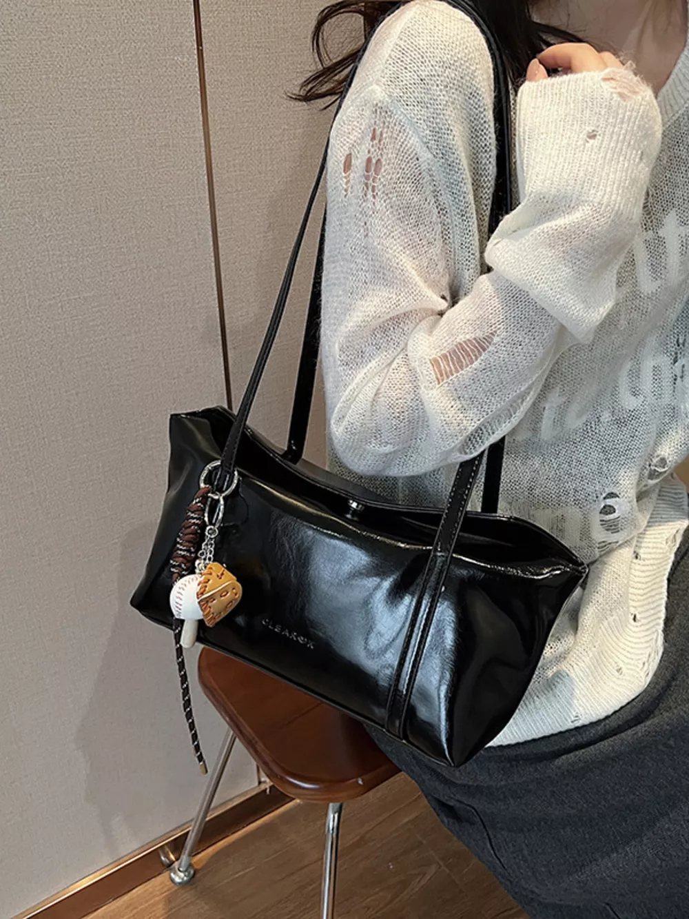 Solid Color Leather Shoulder Bag, image 6