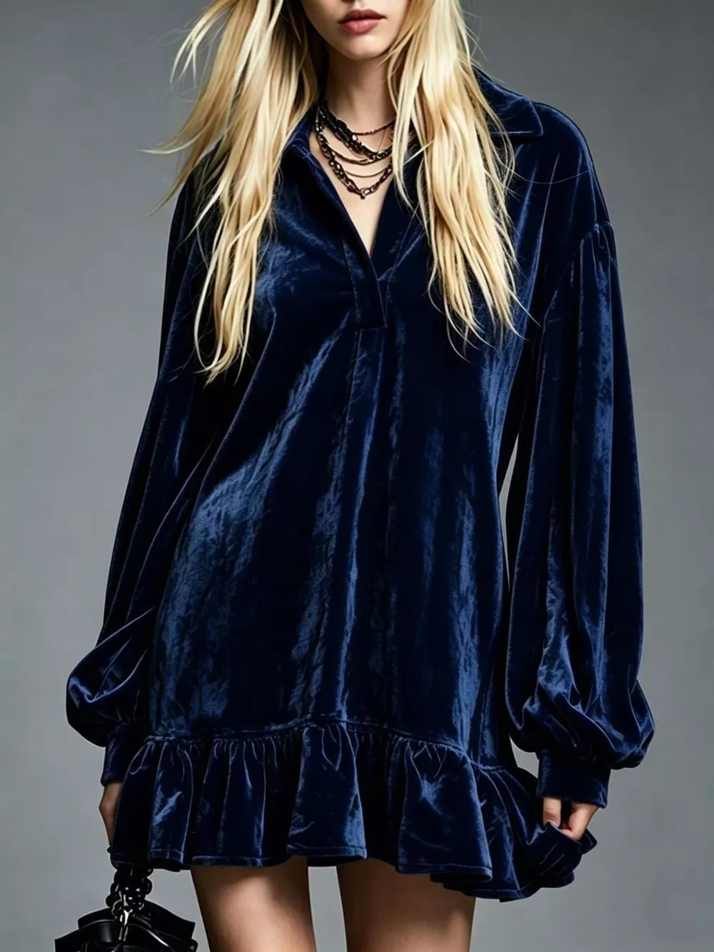 Full Size Velvet Long-Sleeve Ruffle Hem Mini Dress Plus Size, image 13