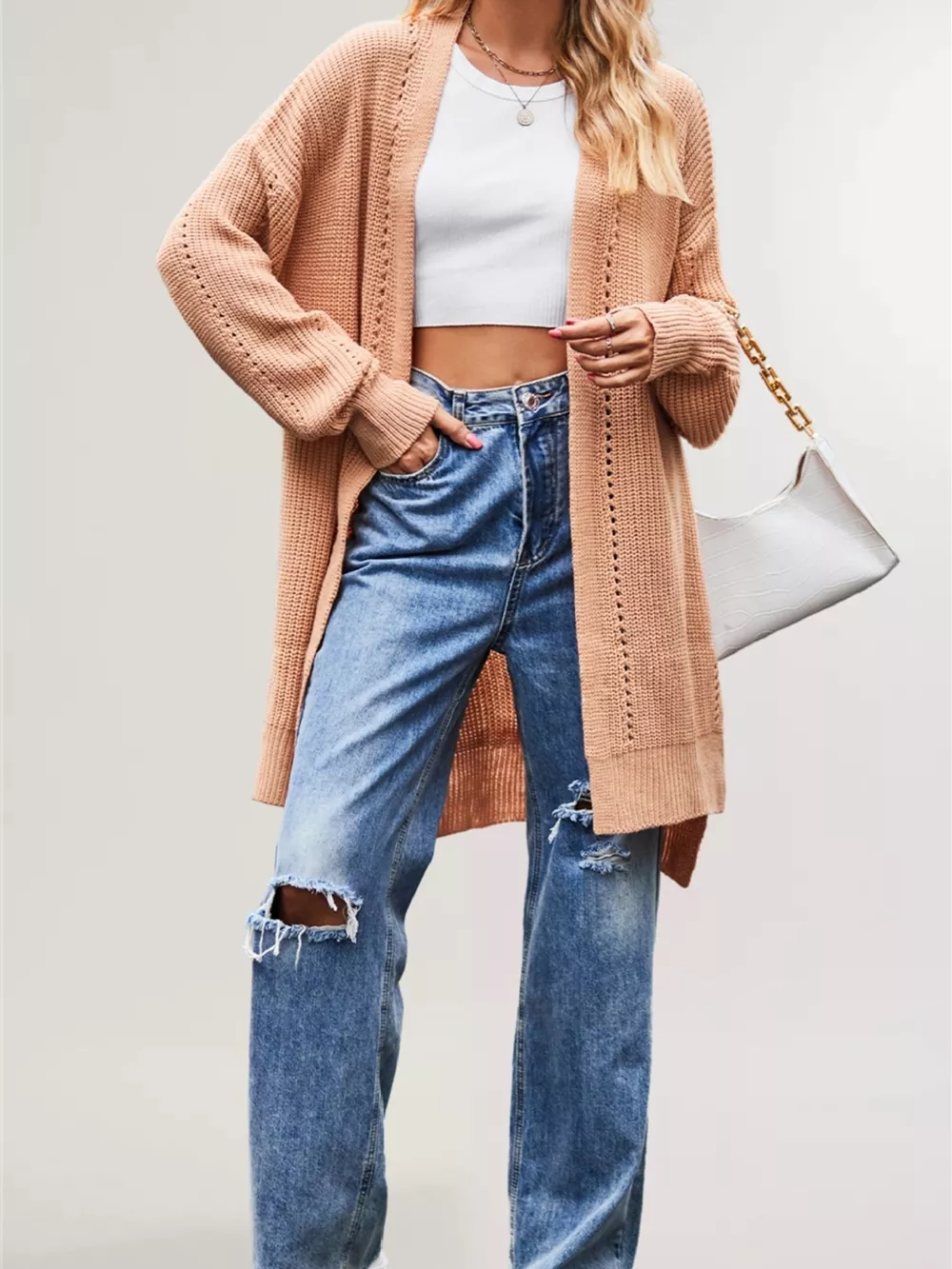 Open Front Openwork Knit Longline Cardigan, image 9