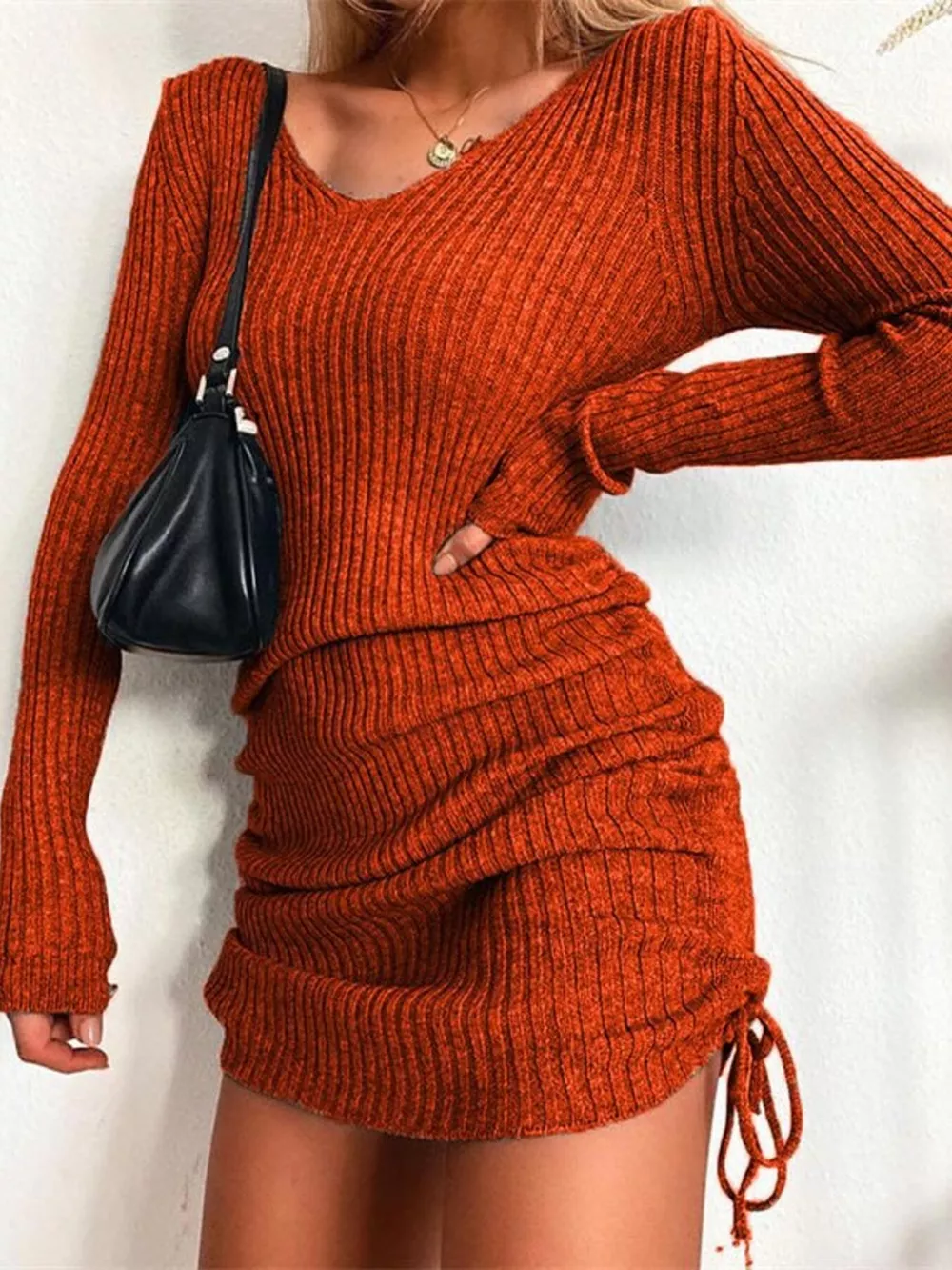 Full Size Ribbed Knit Drawstring Bodycon Sweater Dress Plus Size, image 24