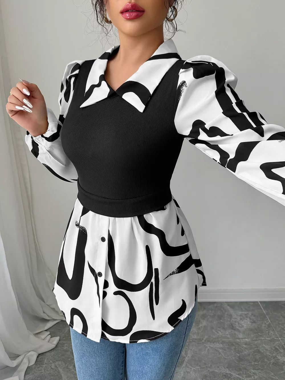 Abstract Print Long Sleeve Blouse