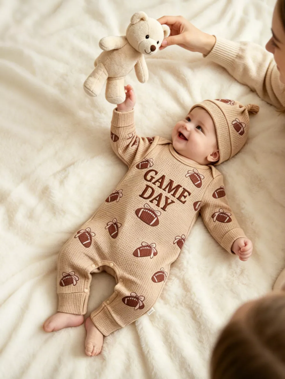 Children's Football Print Game Day Long Sleeve Jumpsuit and Hat Set, image 4