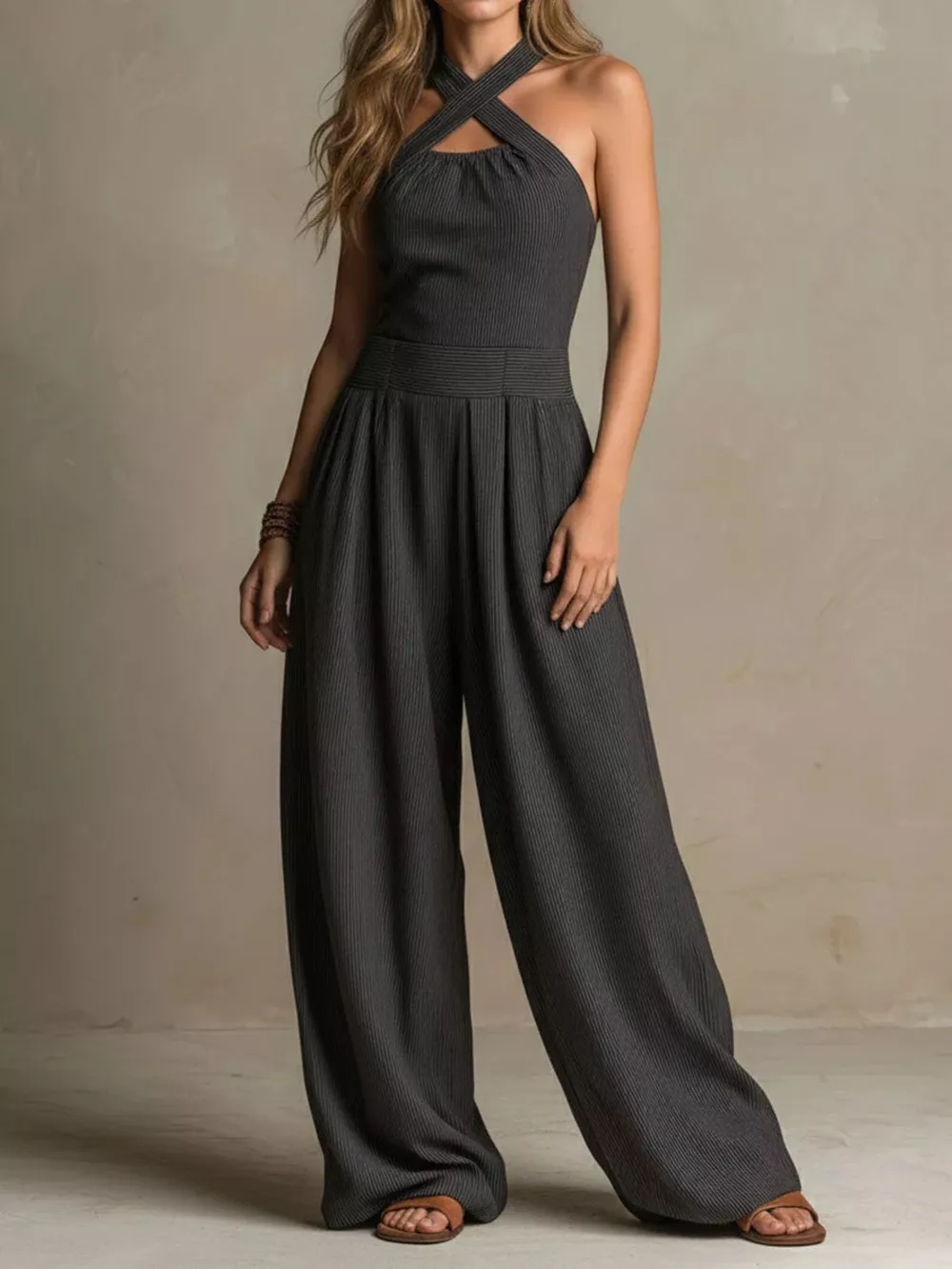 Full Size Halter Neck Wide-Leg Jumpsuit Plus Size, image 2