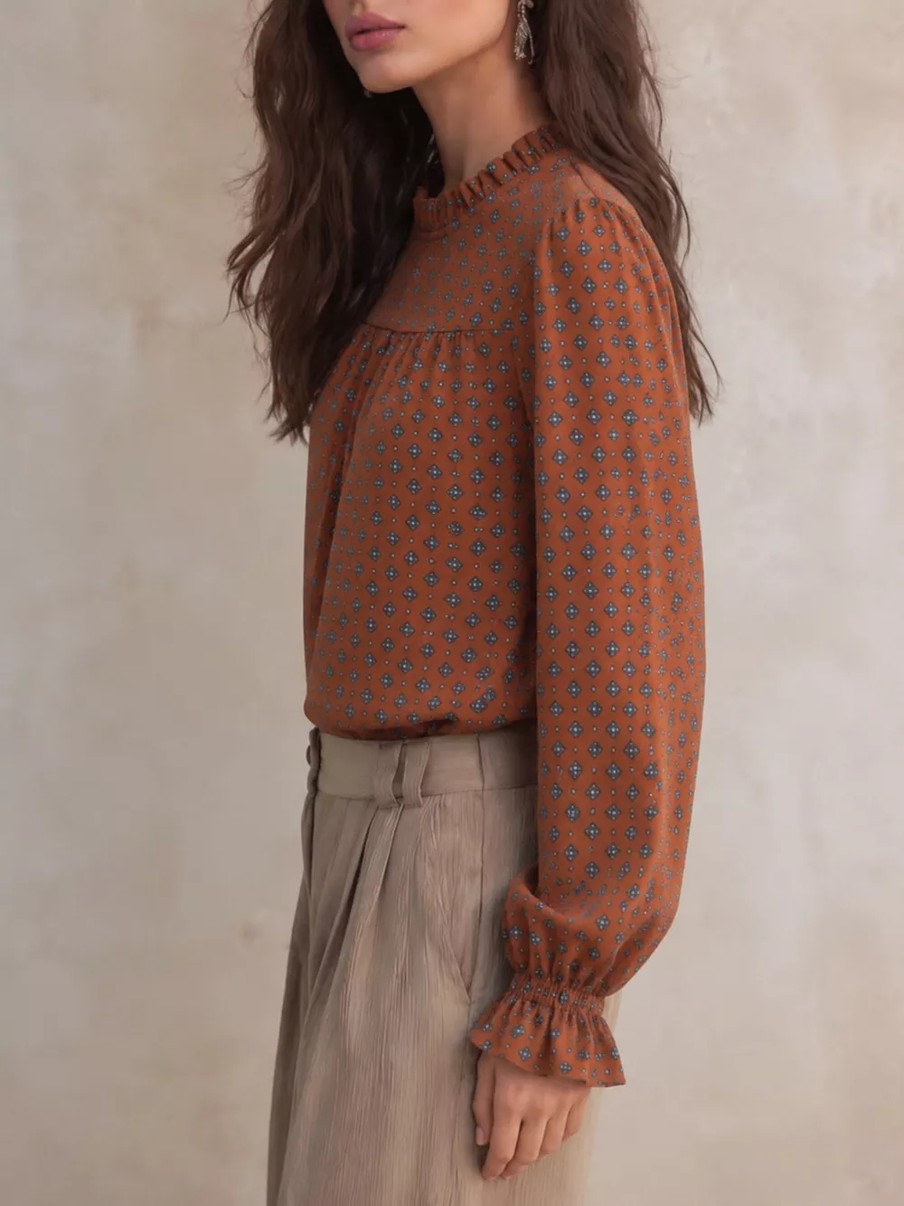 Geometric Print Mock Neck Puff Sleeves Blouse, image 4