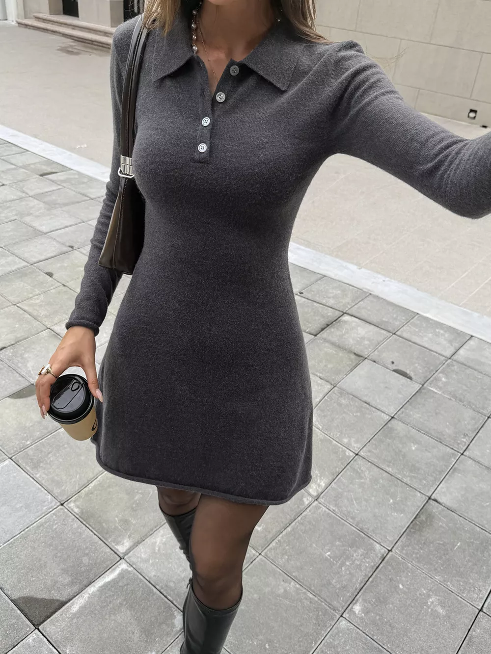 Elegant Slim-Fit Polo Collar Long Sleeve Sweater Dress, image 2
