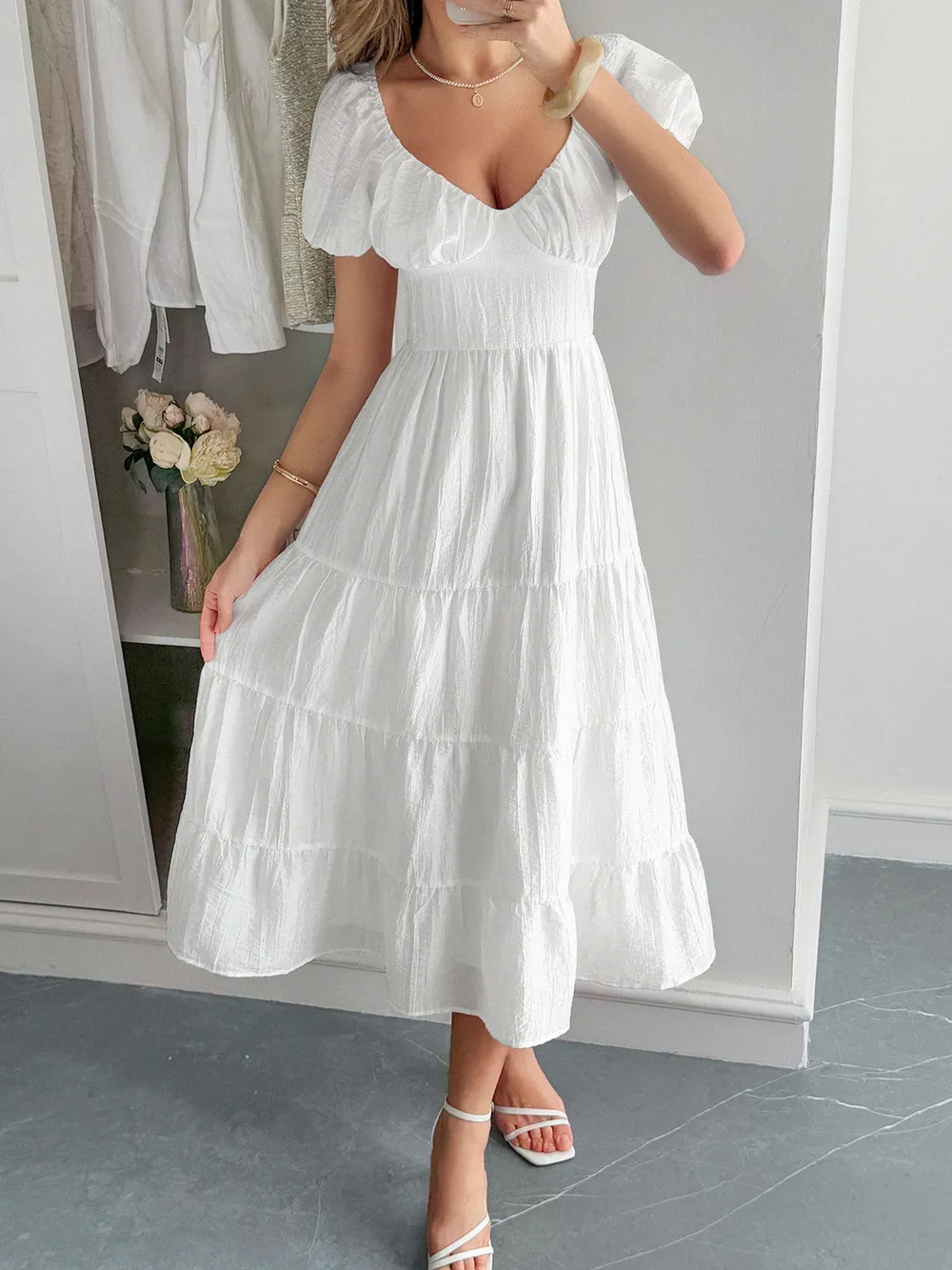 V-Neck Short Sleeve Midi Dress, image 2