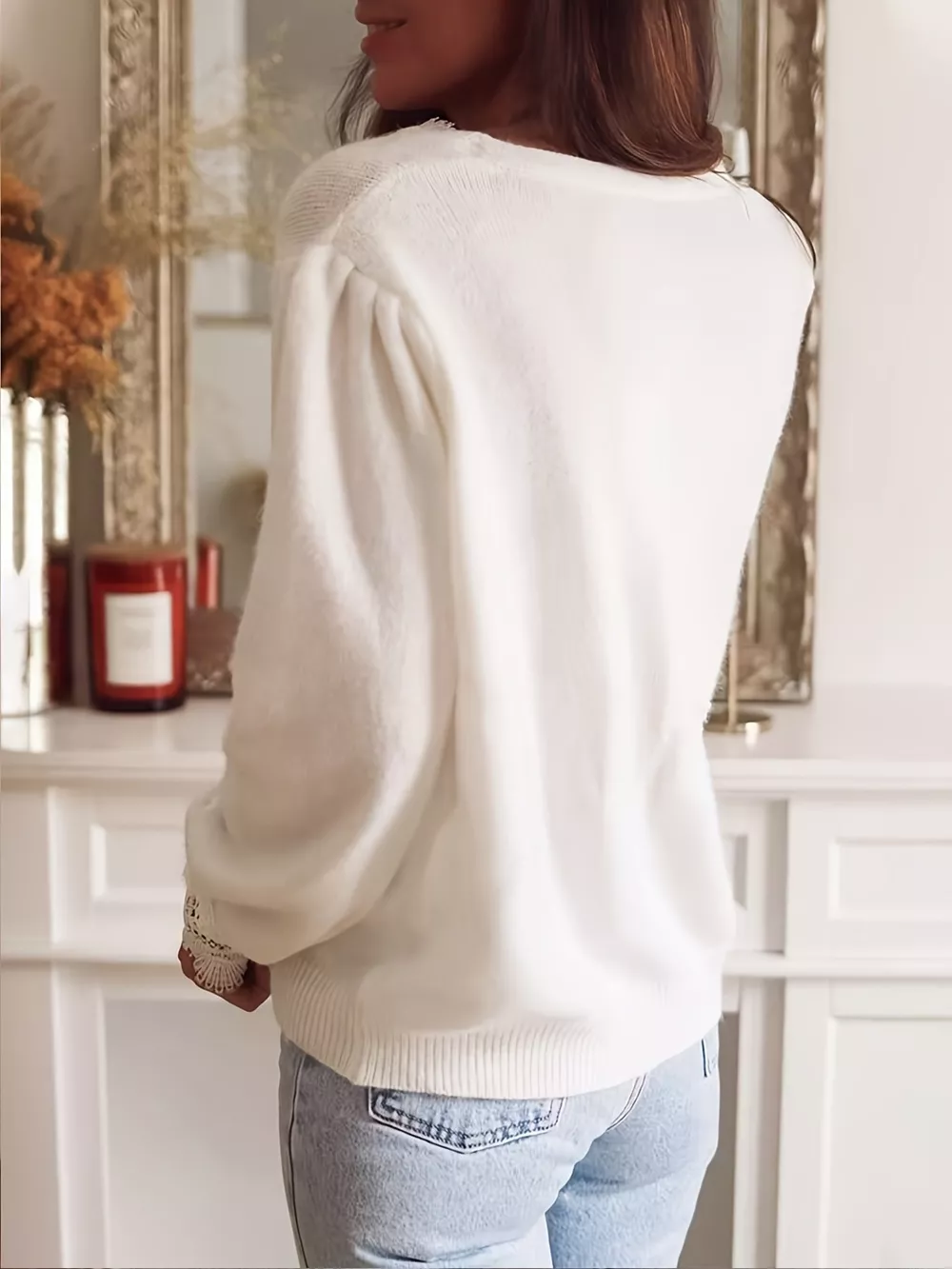 Lace-Trimmed V-Neck Button-Down Cardigan, image 3
