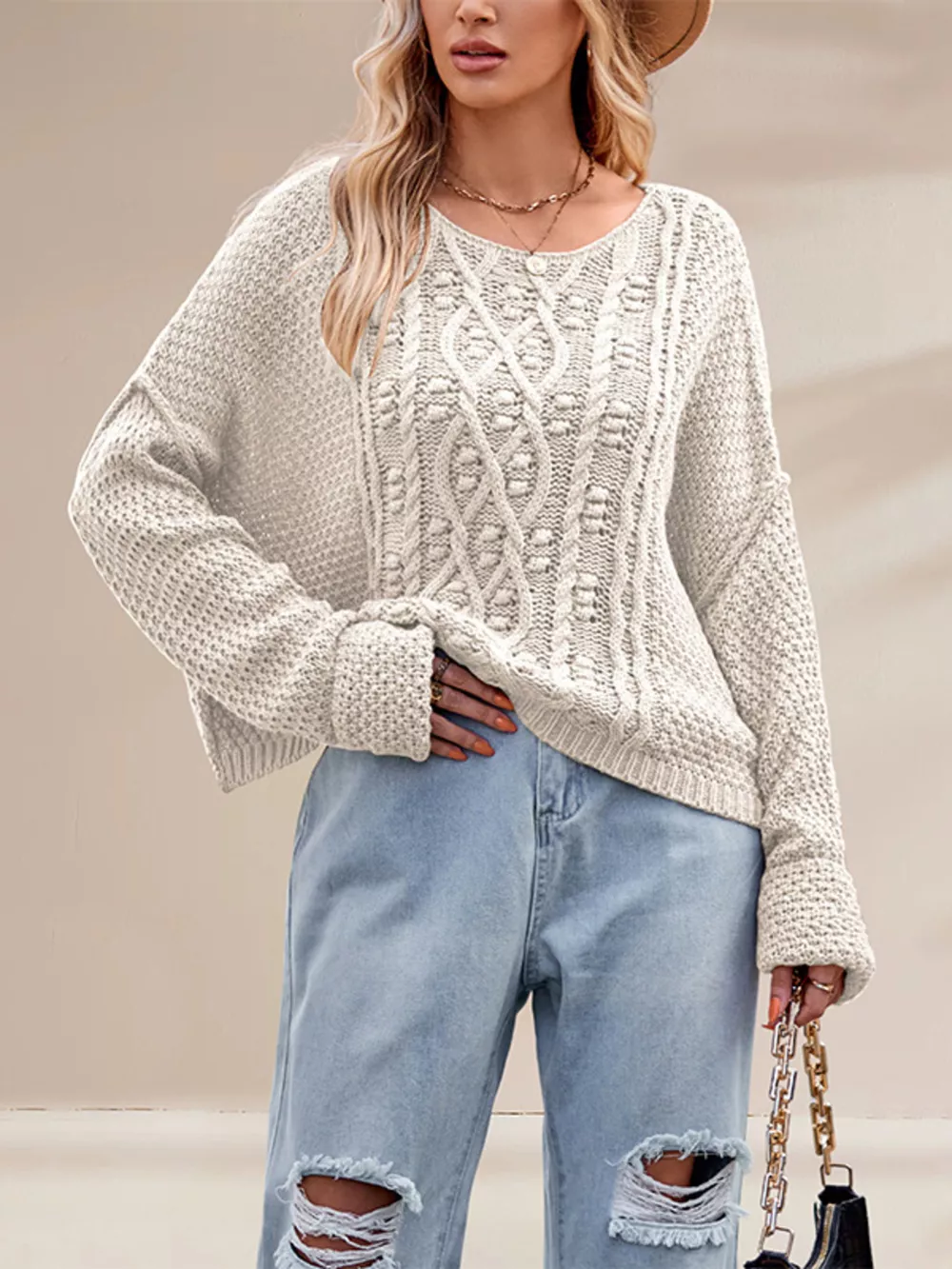 Cable Knit Dropped Shoulder Sweater, image 11