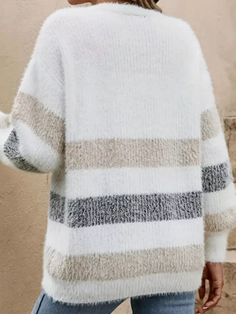 Striped Fuzzy Knit Button-Up Cardigan, image 11
