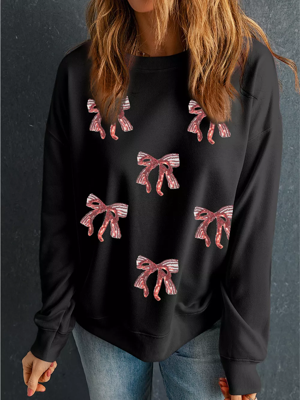 Christmas Sequin Ribbon Bow Drop Shoulder Sweatshirt, image 3
