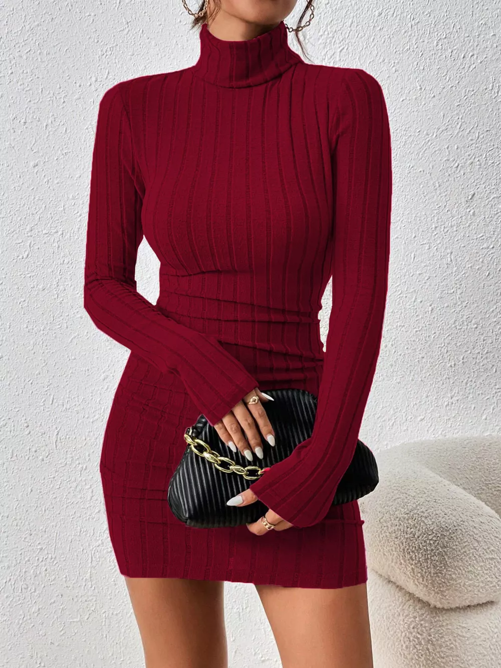 Christmas Outfit Turtleneck Ribbed Bodycon Knit Dress, image 2