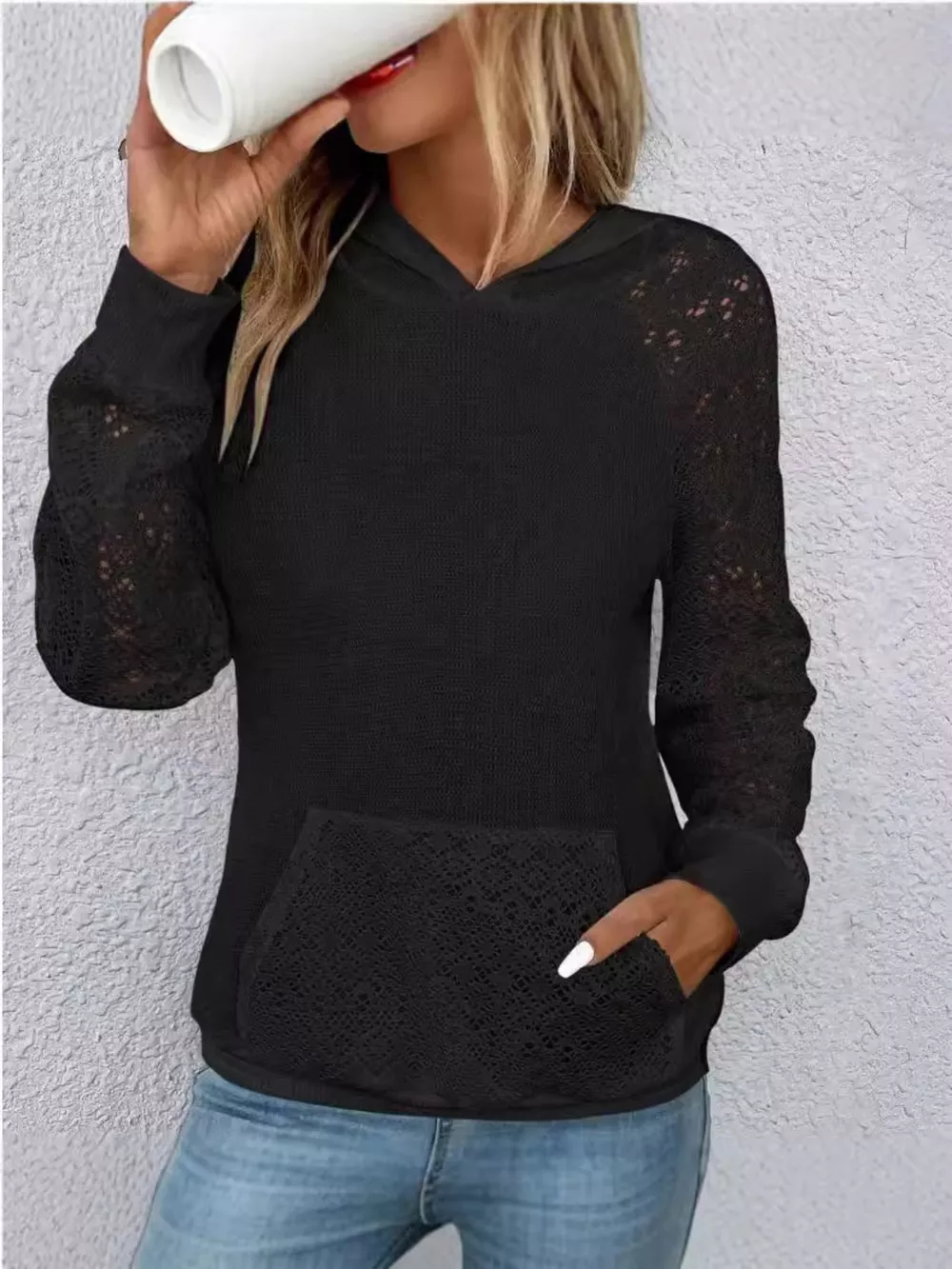 Lace Sleeve Kangaroo Pocket Hoodie