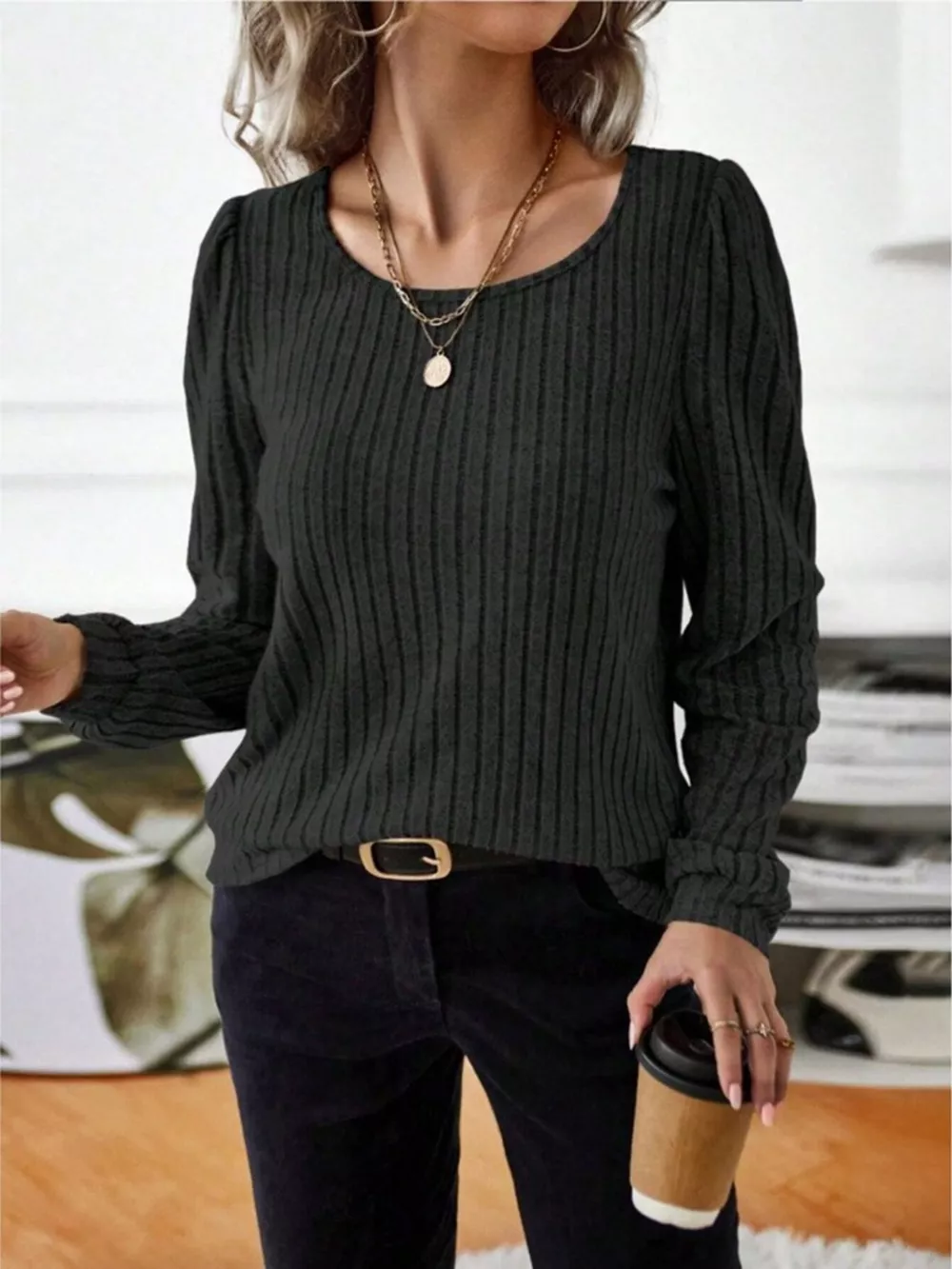 Ribbed Knit Long Sleeve T-Shirt, image 29