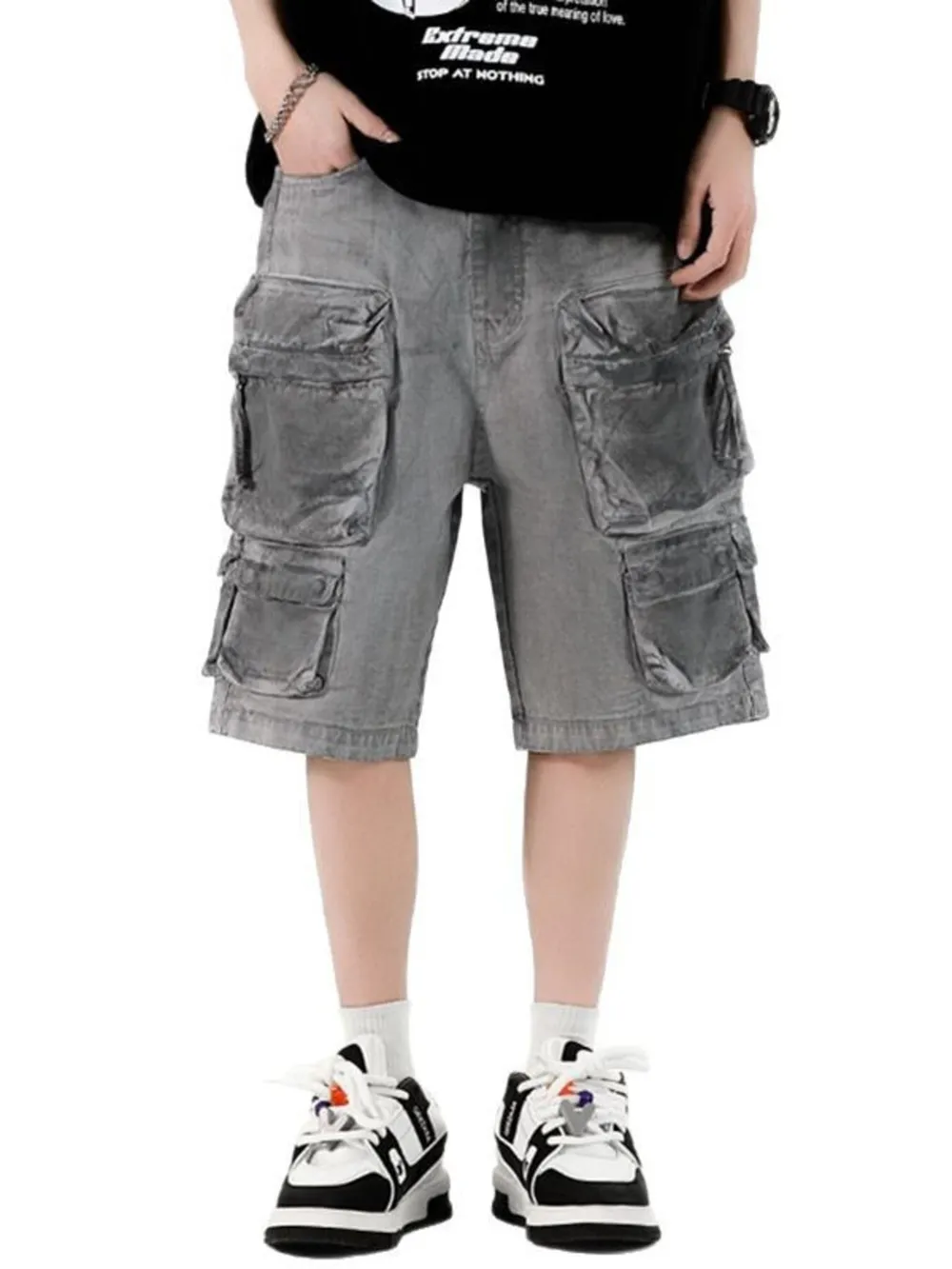 Men's Wide Leg Cargo Denim Shorts, image 2