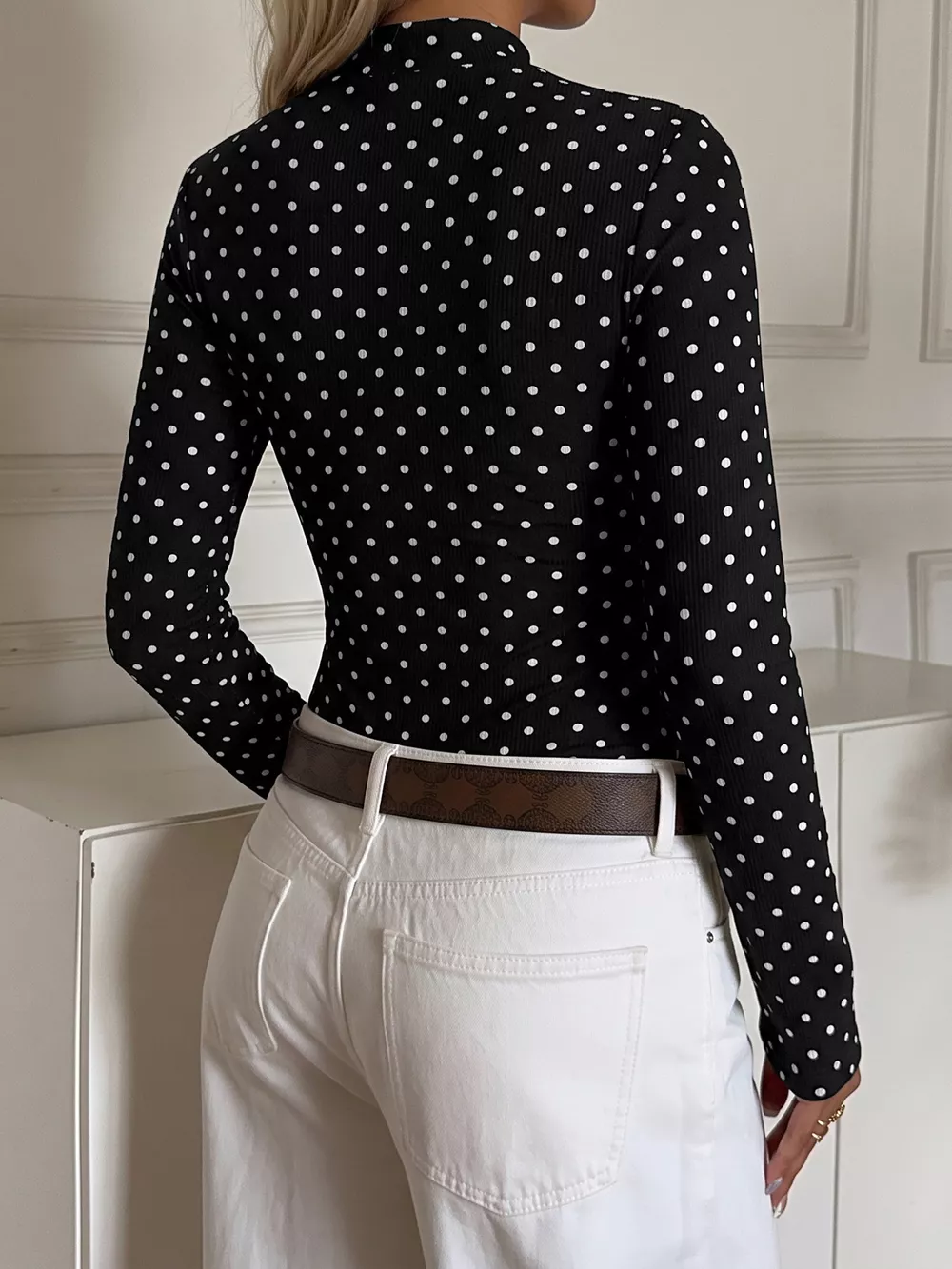 Polka Dot Cutout Long Sleeve Bodysuit, image 6
