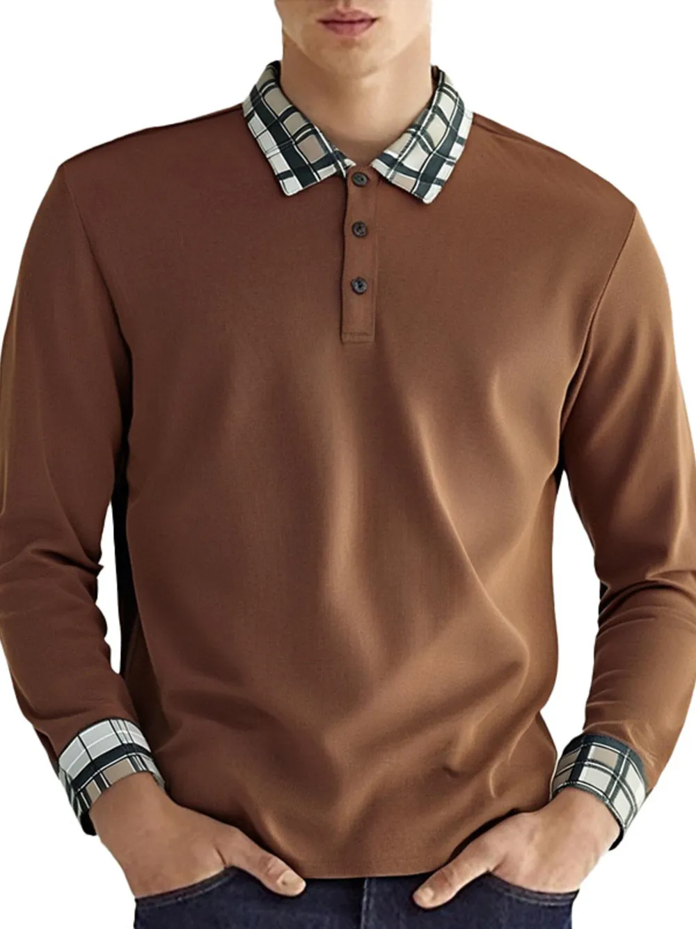 Men's Long Sleeve Plaid Collar Polo Shirt, image 10