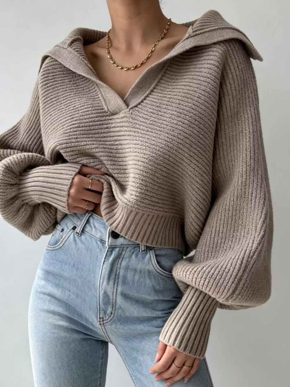 Oversized Collar Ribbed Cropped Sweater, image 3