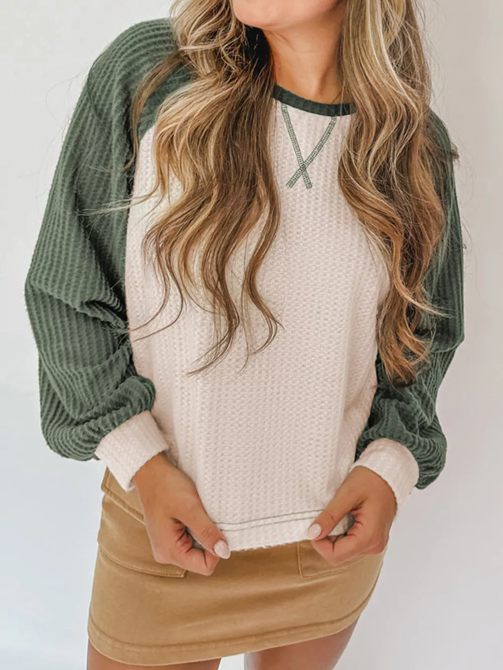 Waffle Color Block Raglan Sleeve Top, image 5