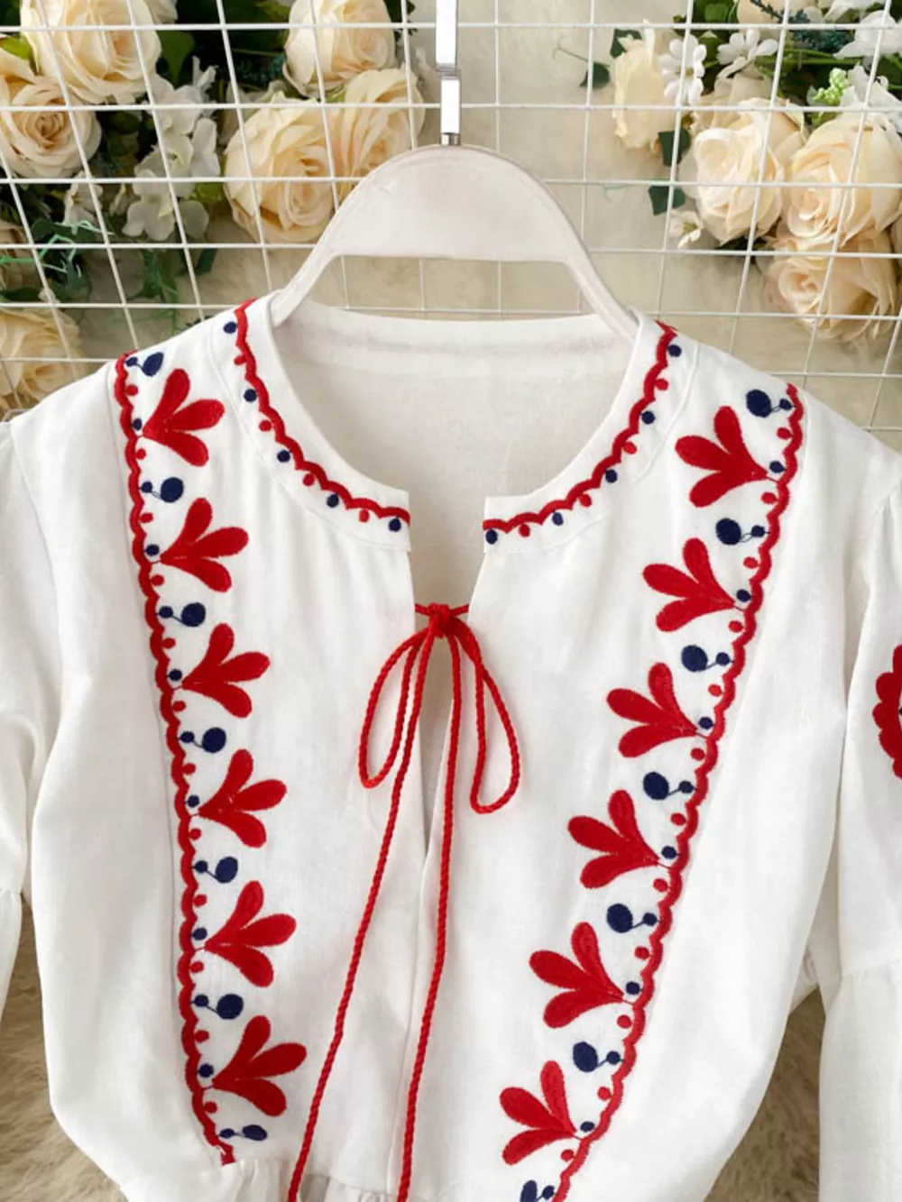 Embroidered Tie Neck Long Sleeve Dress, image 4