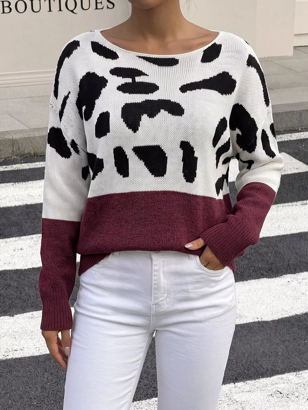 Full Size Off-Shoulder Colorblock Animal Print Sweater Plus Size, image 7