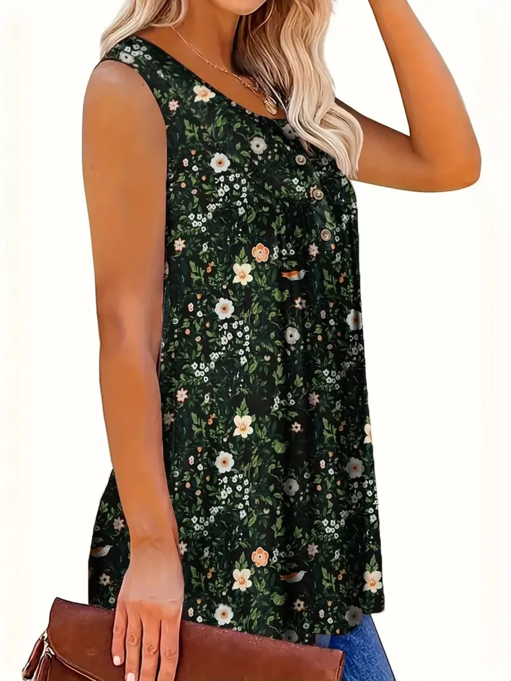 Full Size Floral Print Button Detail Tank Plus Size, image 4