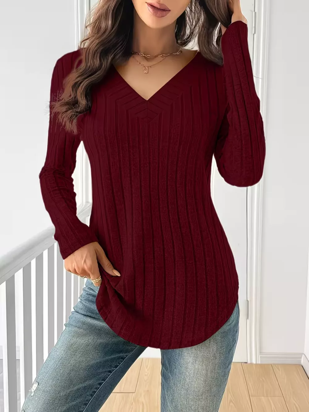 Ribbed Knit Long Sleeve T-Shirt, image 16