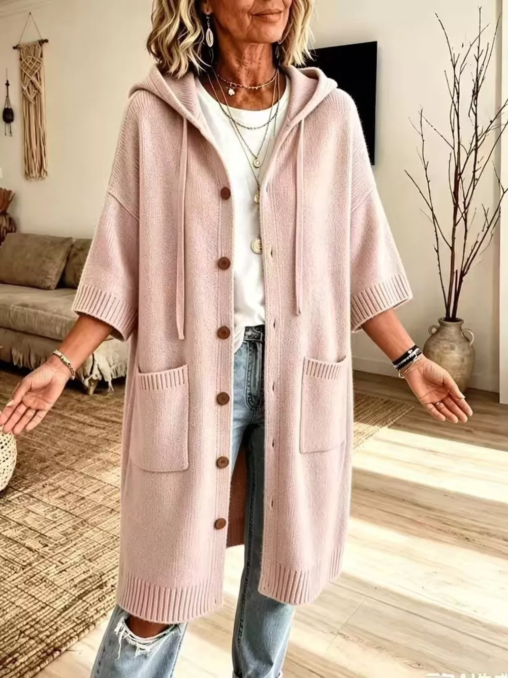 Hooded Button-Down Knit Cardigan with Pockets, image 3