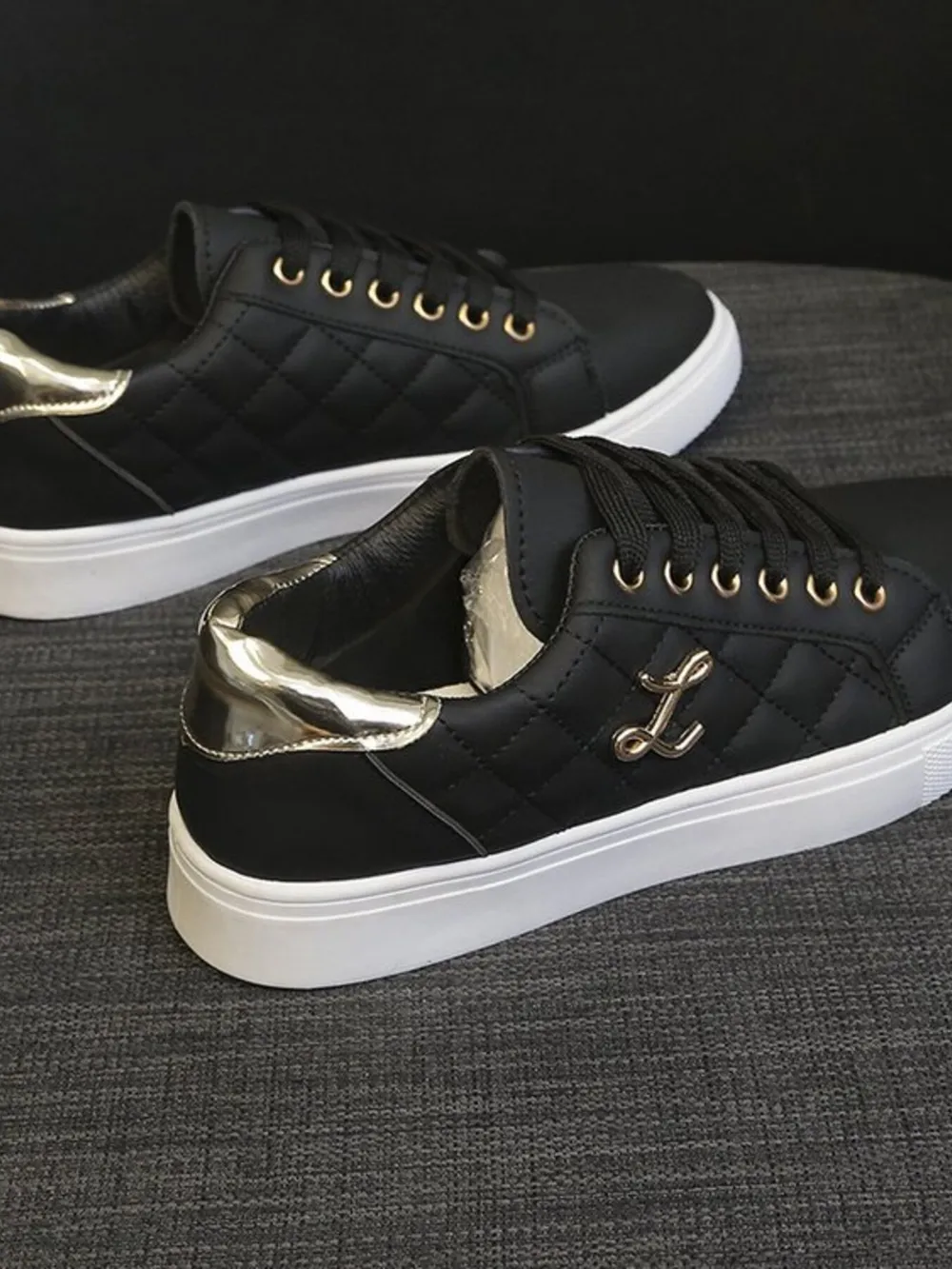 Quilted Platform Sneakers with Metallic Gold Accents, image 2
