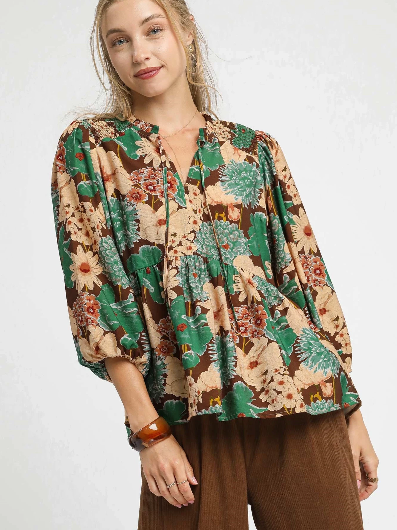 Mix Floral Peplum Blouse with Tie Neck