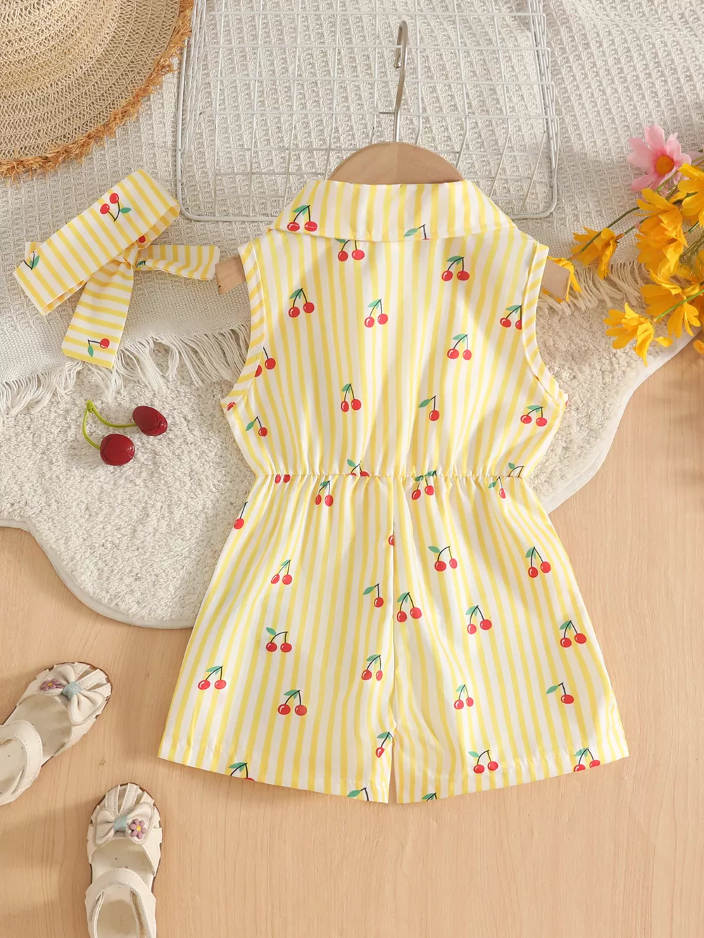 Children's Cherry Print Striped Sleeveless Romper with Headband, image 6