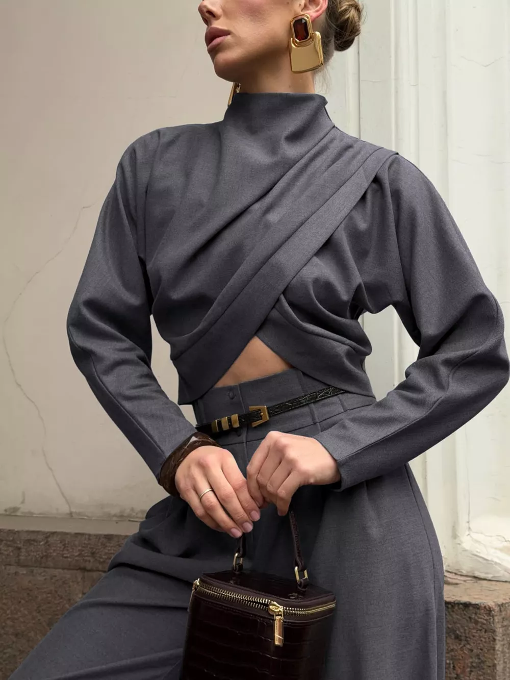 Draped Crop Top and Wide-Leg Pants Set, image 7
