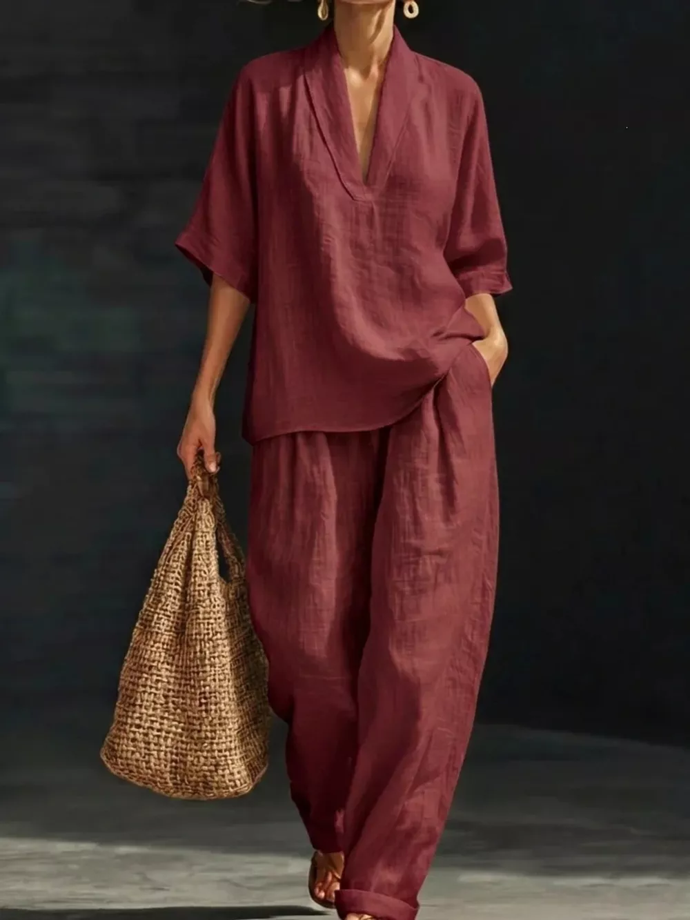 Full Size Half Sleeve Top and Wide Leg Pants Set Plus Size, image 9