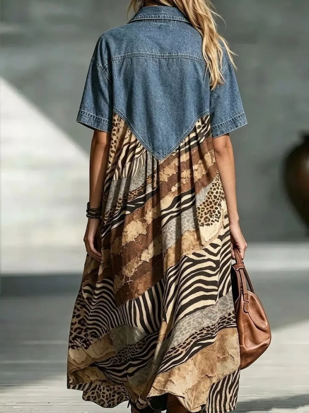 Full Size Denim Patchwork Printed Shirt Dress Plus Size, image 2