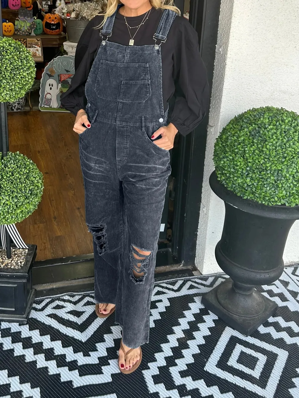 Distressed Wide Leg Corduroy Overalls