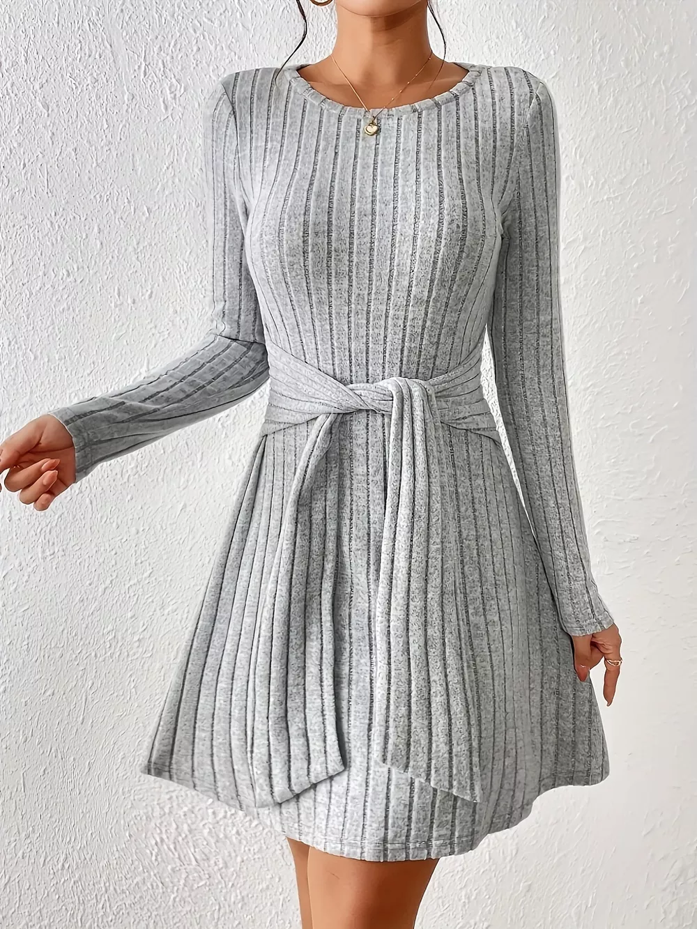 Ribbed Knit Tie Waist Long Sleeve Casual Dress