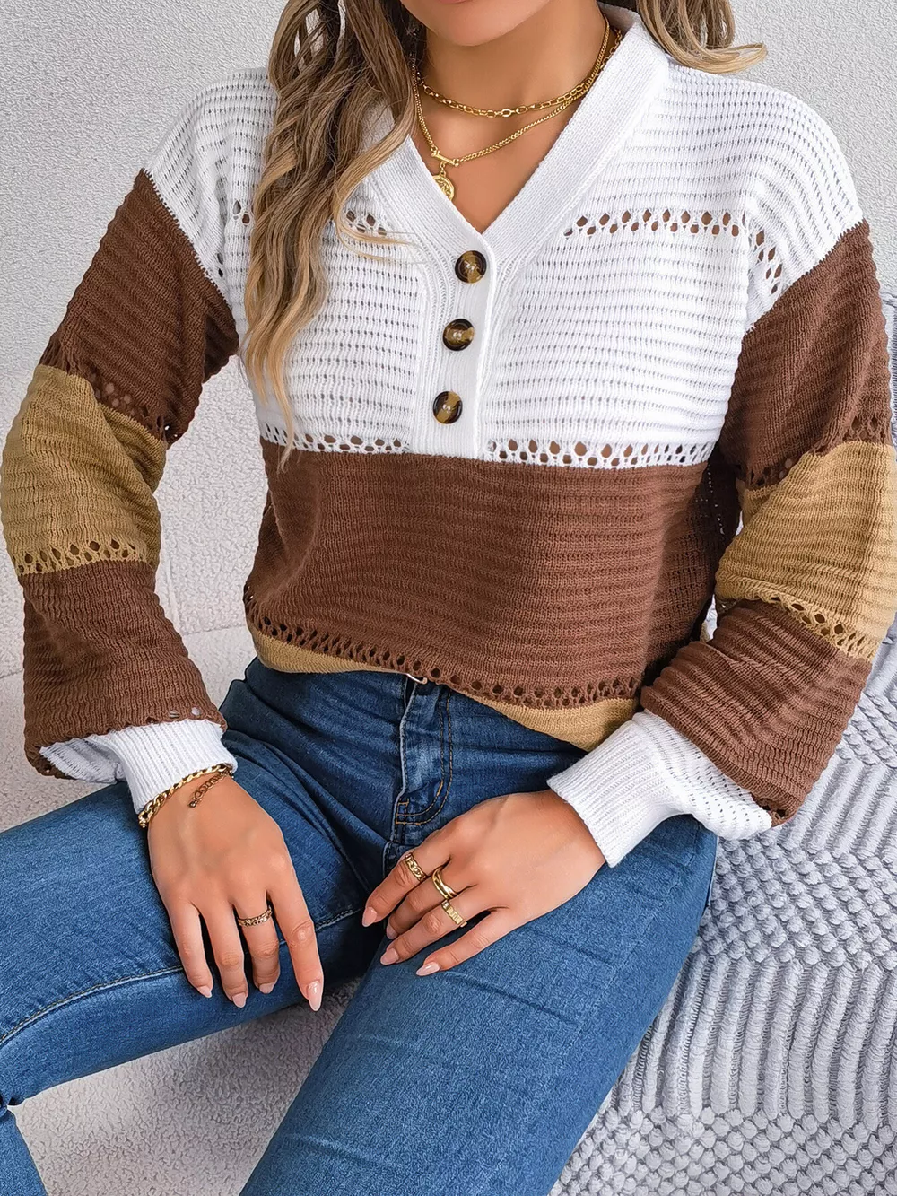Color Block Striped V-Neck Button Detail Sweater, image 7