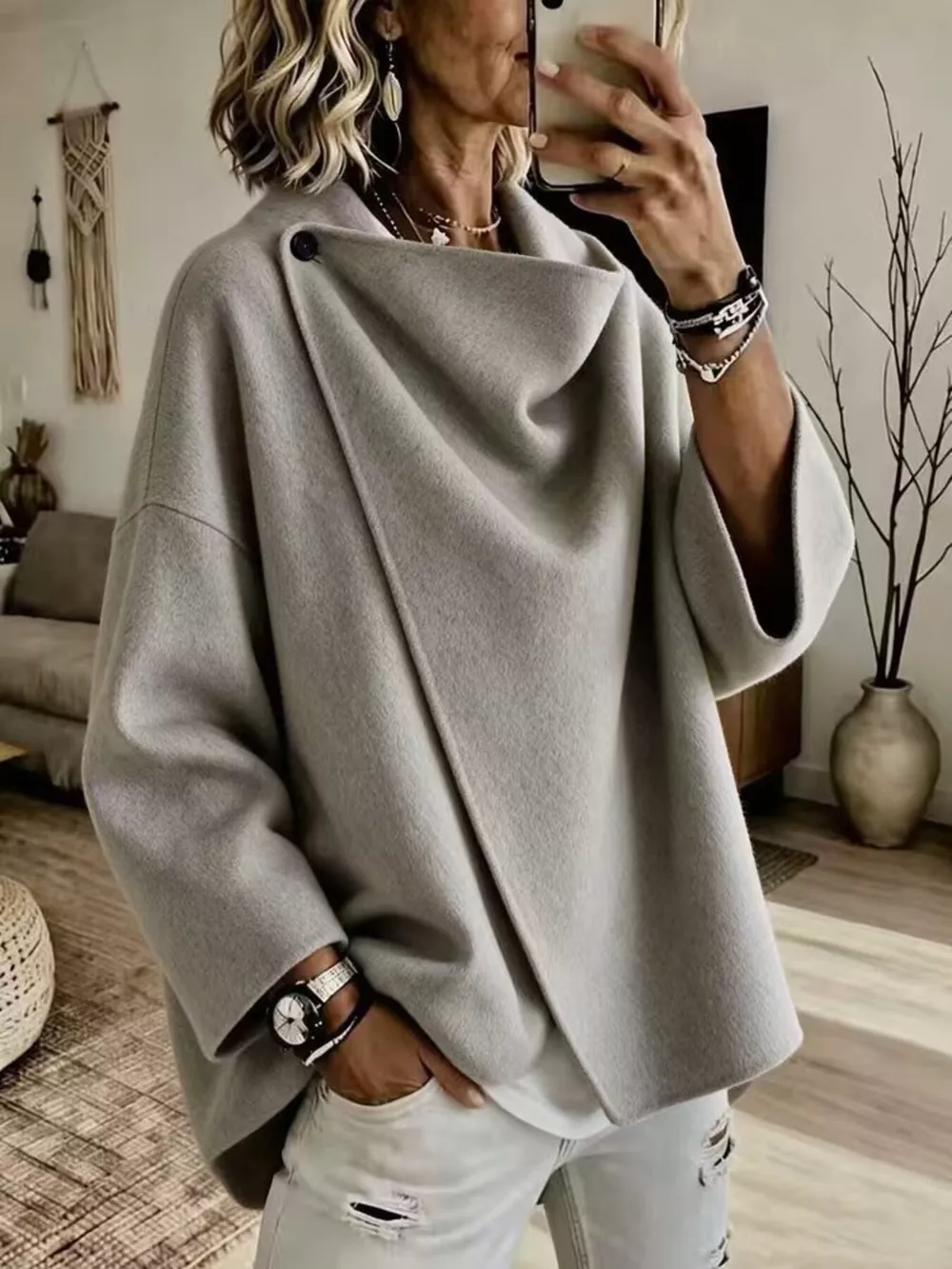 Full Size Asymmetric Button-Up Cape Outerwear Plus Size