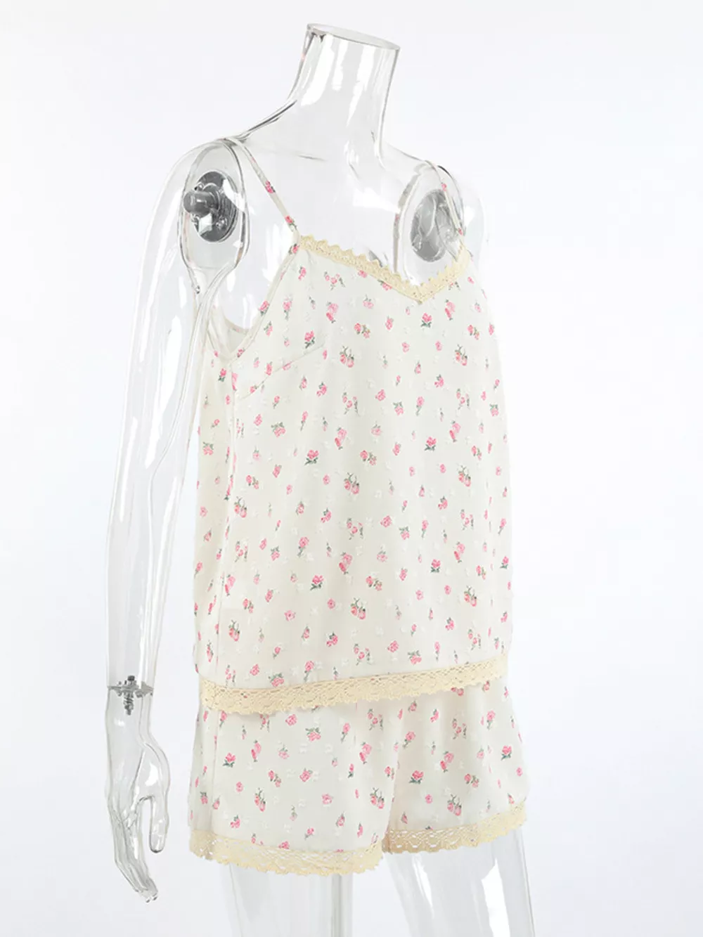 Floral Print Lace Trim Cami and Shorts Set, image 9