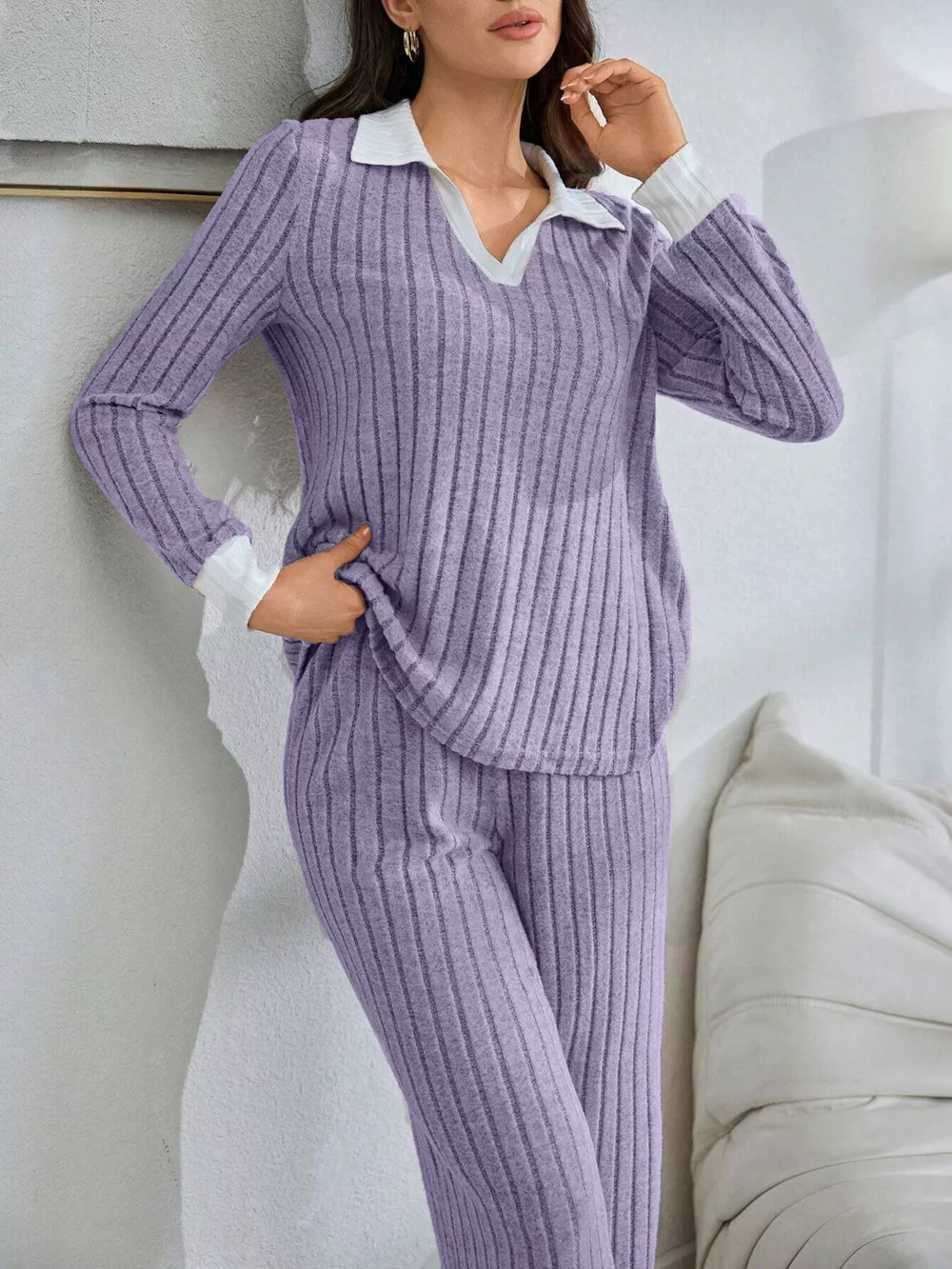 Ribbed Knit Polo Collar Top and Pants Lounge Set, image 7