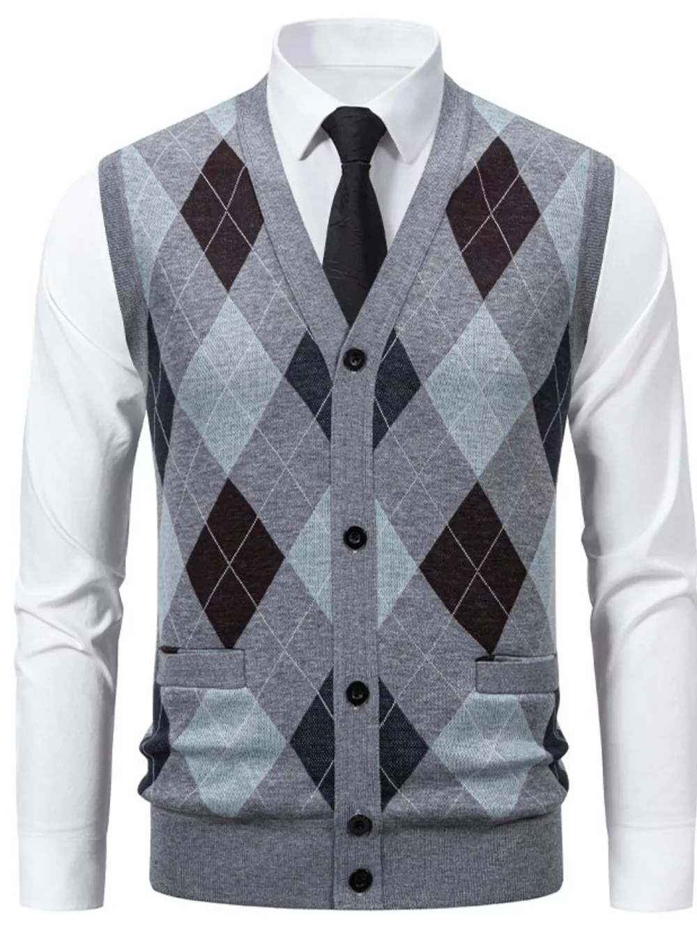 Men's Plus Size Argyle Pattern V-Neck Button-Down Cardigan Vest, image 7