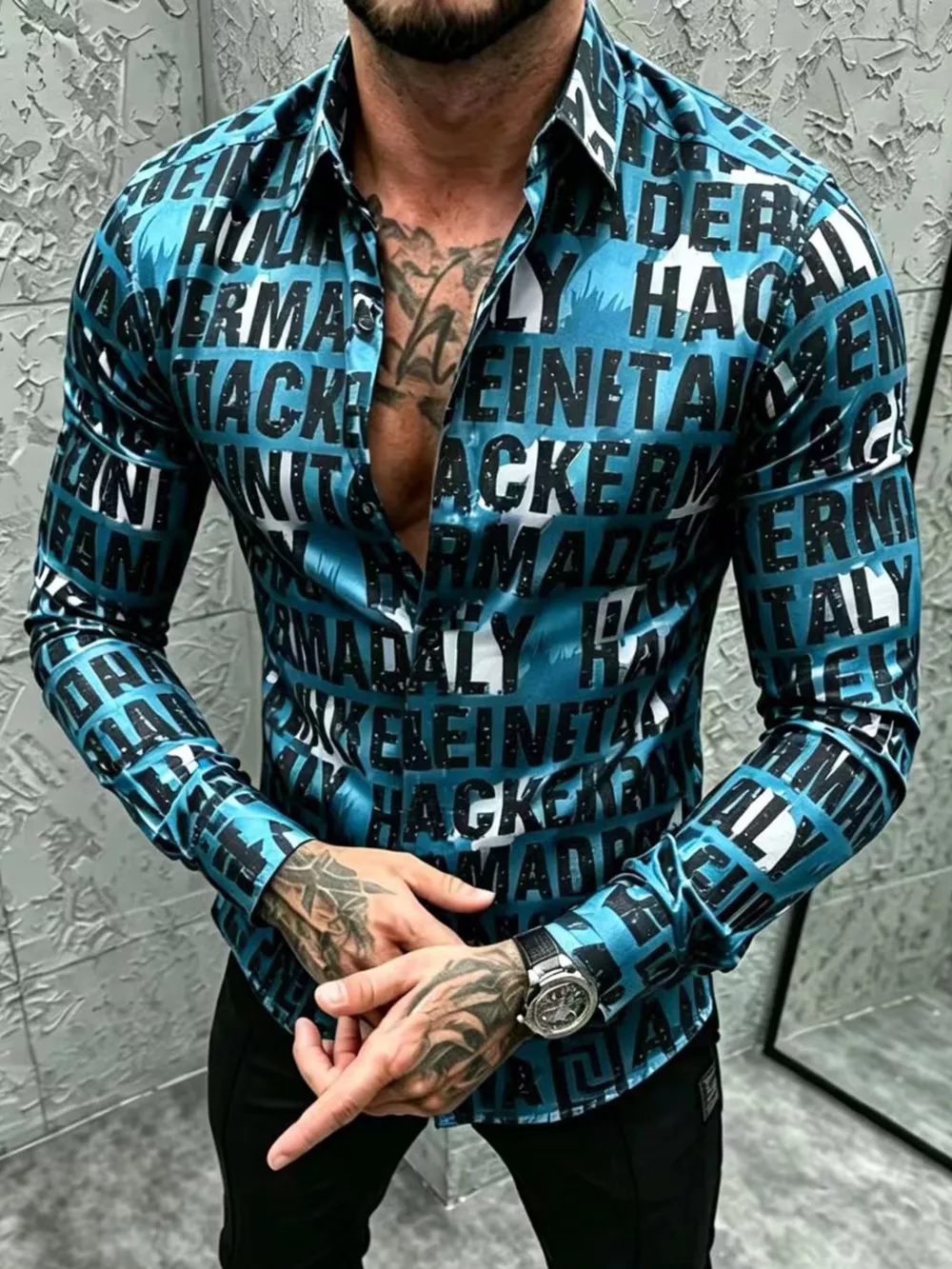 Men's Plus Size Letter Print Slim Fit Long Sleeve Shirt, image 3