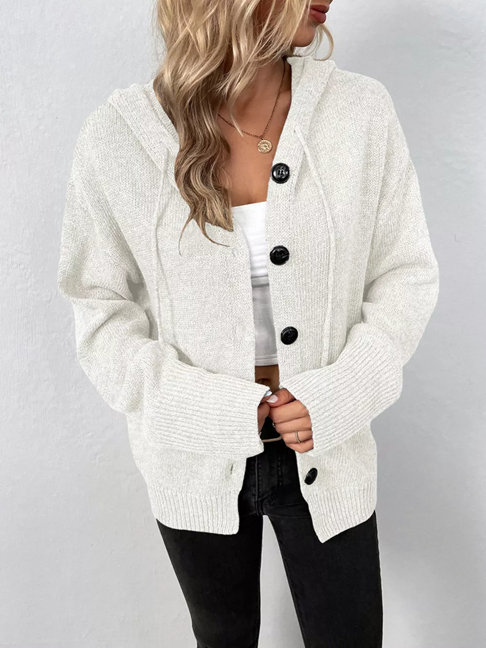 Cozy Knit Hooded Button-Down Cardigan, image 4