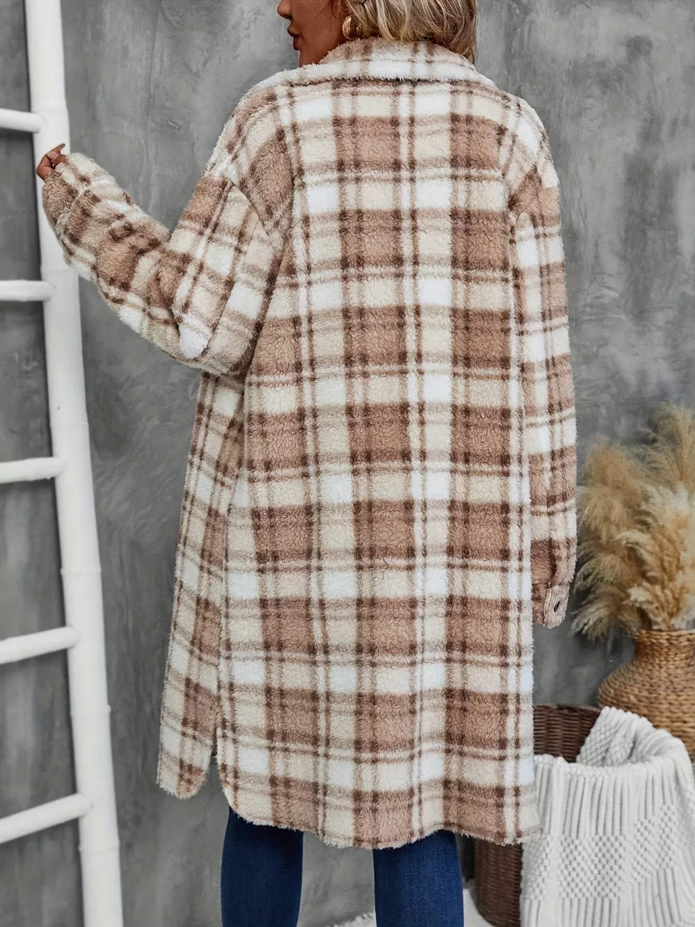 Plaid Fleece Button Up Longline Outerwear, image 3