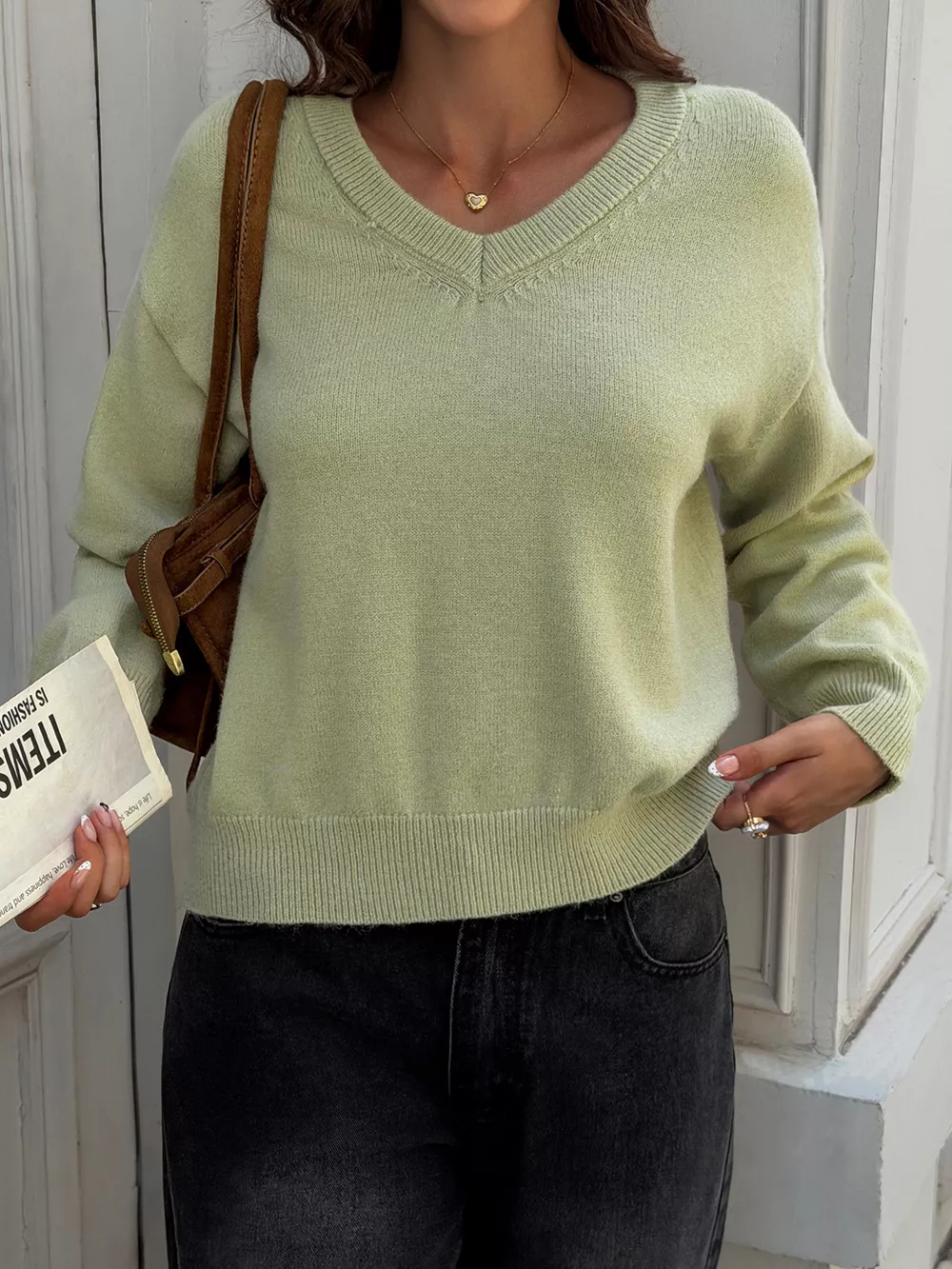 V-Neck Ribbed Hem Sweater, image 3